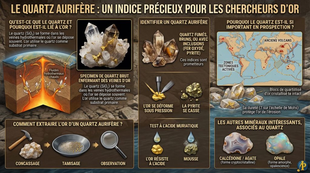 Quartz aurifère : pourquoi est-il un bon indice ? 4 Infographie expliquant pourquoi le quartz aurifère est un indicateur clé pour trouver de l'or en prospection.