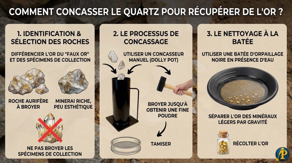 Comment concasser le Quartz pour récupérer de l'or ? 4 Infographie : Étapes pour concasser le quartz aurifère et extraire de l'or avec un concasseur manuel