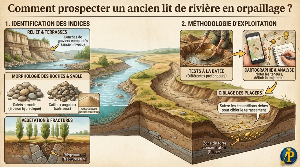 Comment prospecter un ancien lit de rivière en orpaillage ? 4 Infographie illustrant les indices géologiques pour localiser un ancien lit de rivière aurifère : galets ronds, sable alluvial et présence de peupliers.
