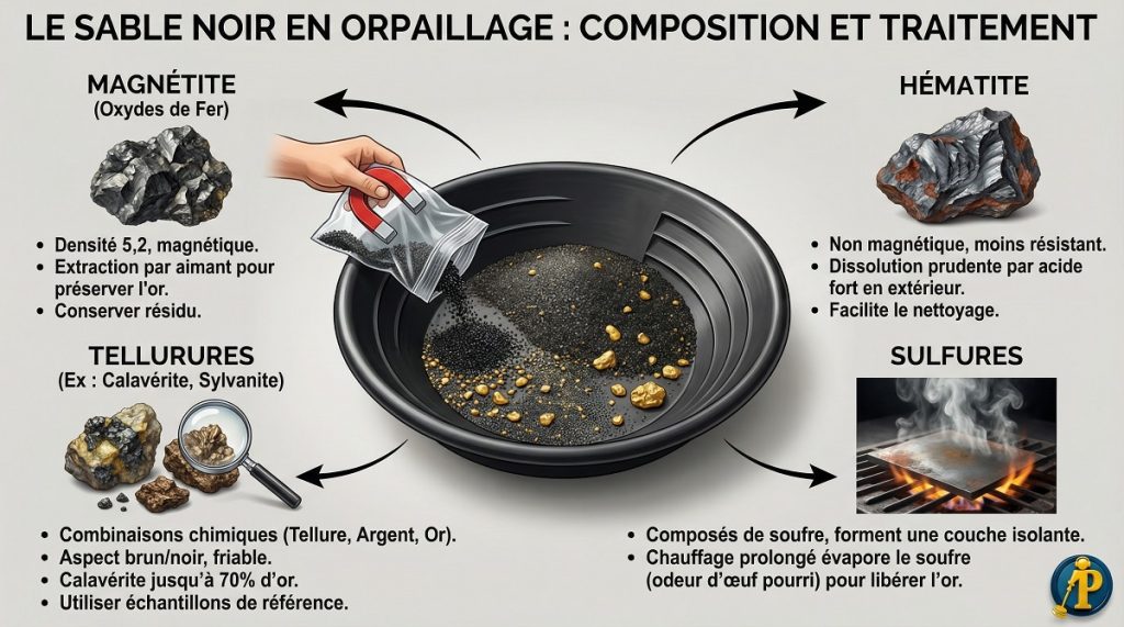 Infographie expliquant la composition du sable noir en orpaillage : magnétite, hématite et tellurures d'or.