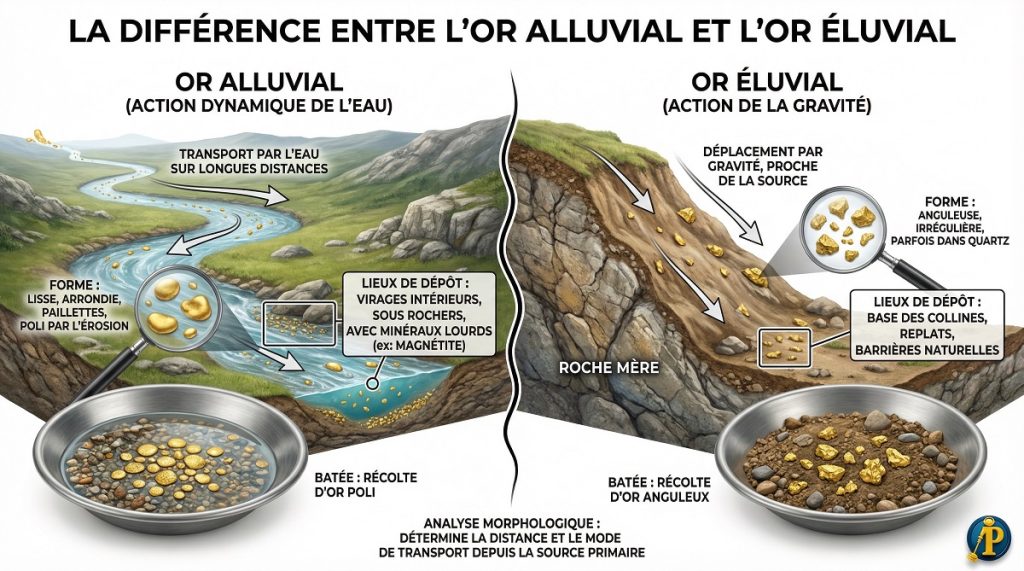 Infographie comparative expliquant la formation de l’or alluvial transporté par l’eau et de l’or éluvial déplacé par gravité selon la forme des pépites.