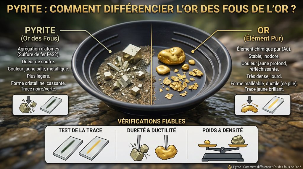 Infographie comparative pour différencier la pyrite (or des fous) de l'or véritable : tests de couleur, dureté, poids et forme.