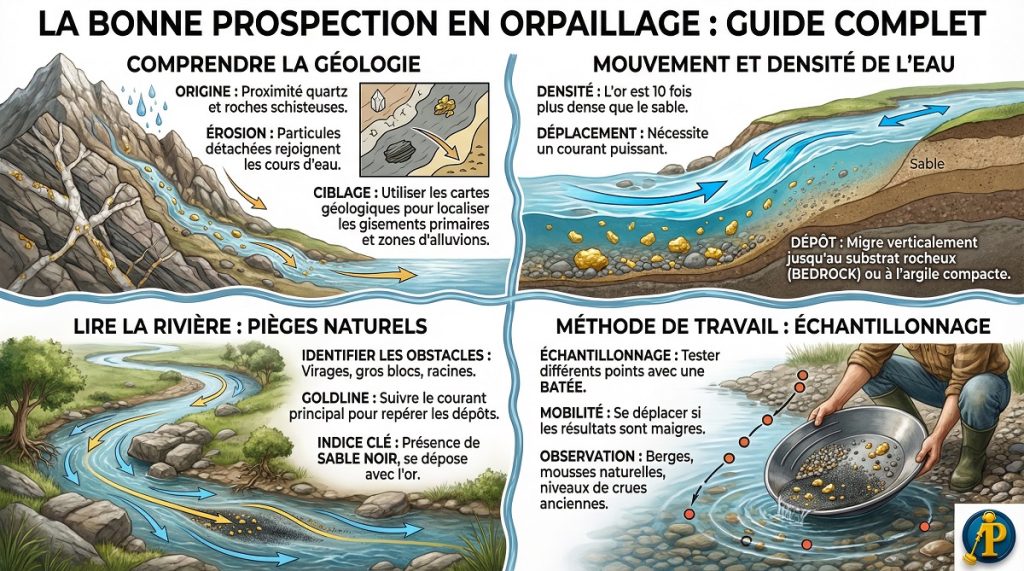 Comment faire une bonne prospection en orpaillage ? 4 Infographie expliquant la prospection en orpaillage : analyse géologique du quartz, lecture des courants de la rivière et localisation des dépôts sur le bedrock.