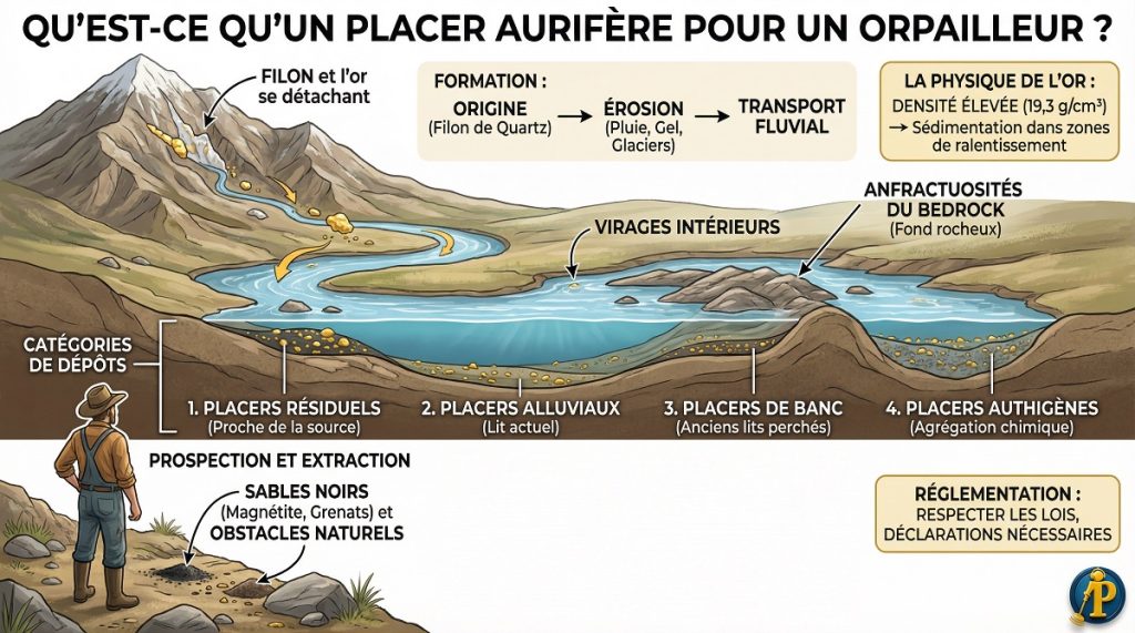 Qu'est-ce qu'un placer aurifère pour un orpailleur ? 2 Infographie expliquant la formation d’un placer aurifère et le dépôt de l’or alluvial en rivière pour l’orpaillage.