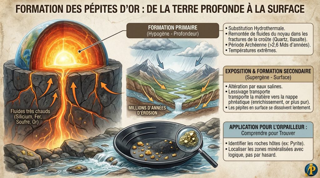Orpaillage : Comment les pépites d'or se forment-elles ? 4 Infographie explicative de la formation géologique des pépites d'or : processus de substitution hydrothermale et gisements supergènes pour l'orpaillage.
