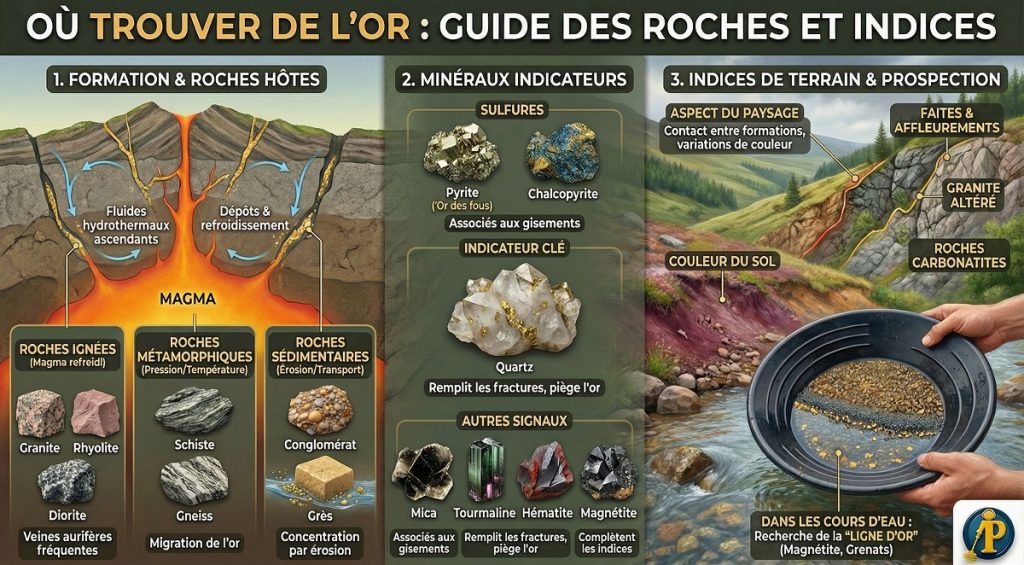 Infographie présentant les types de roches et minéraux indicateurs de la présence d'or comme le quartz, la pyrite, le schiste et le granite pour la prospection géologique.