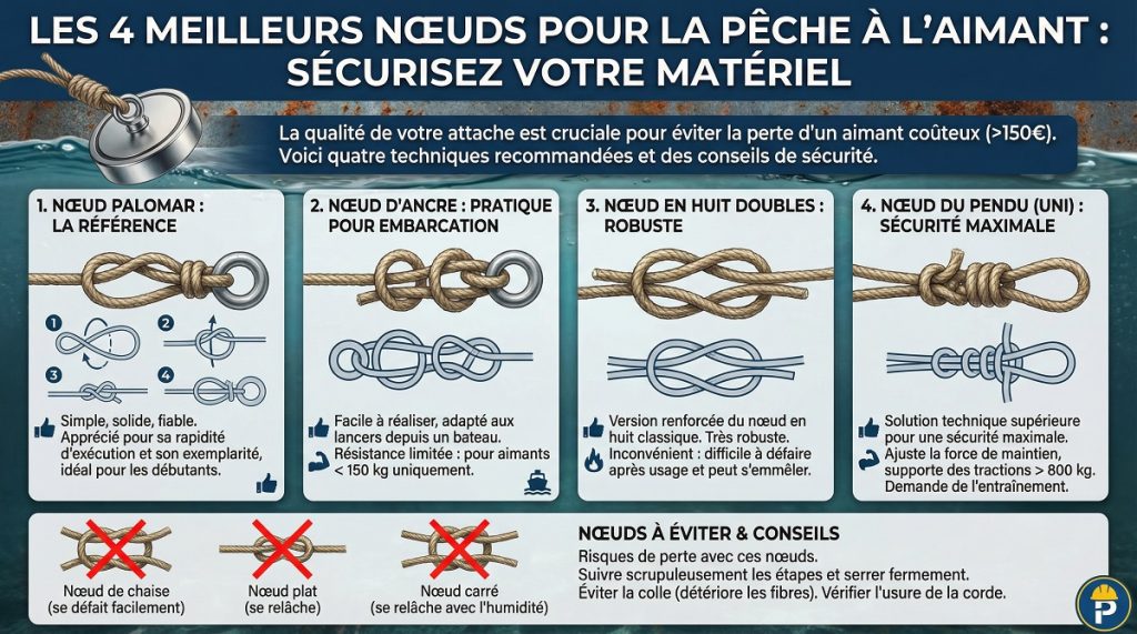 Les 4 meilleurs nœuds pour la pêche à l'aimant 4 Infographie récapitulant les 4 meilleurs nœuds pour la pêche à l’aimant : Palomar, huit double, ancre et pendu.