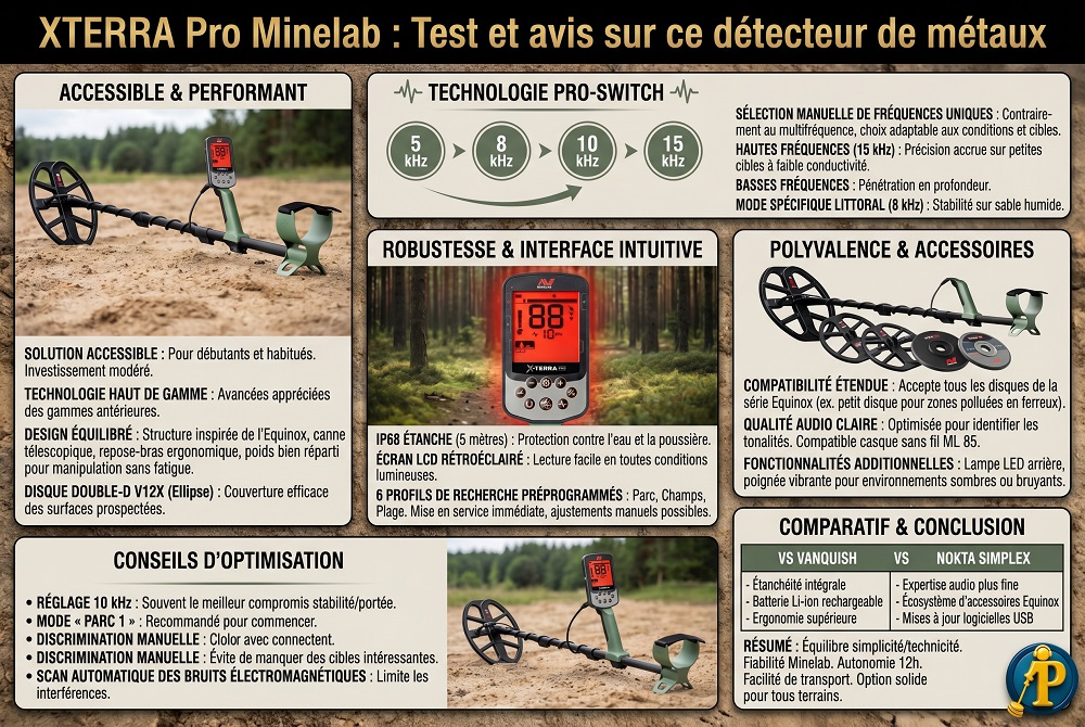 Infographie du détecteur de métaux Minelab X-TERRA Pro avec canne télescopique et disque V12X