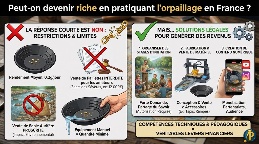 Infographie expliquant la rentabilité réelle de l'orpaillage en France, les limites légales de la vente d'or et les solutions pour générer des revenus avec cette activité.