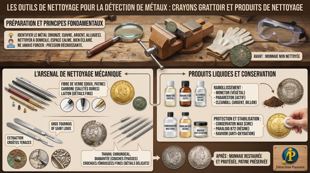 Infographie des outils de nettoyage pour détection de métaux : crayons grattoir, aiguilles de précision et produits de restauration pour monnaies anciennes.