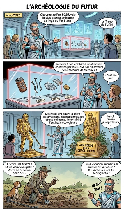 Détection de métaux : le Guide complet pour tout savoir sur ce loisir 4 BD humoristique montrant que les déchets trouvés par les détctoristes aujourd'hui pourraient être un trésor historique dans plusieurs siècles