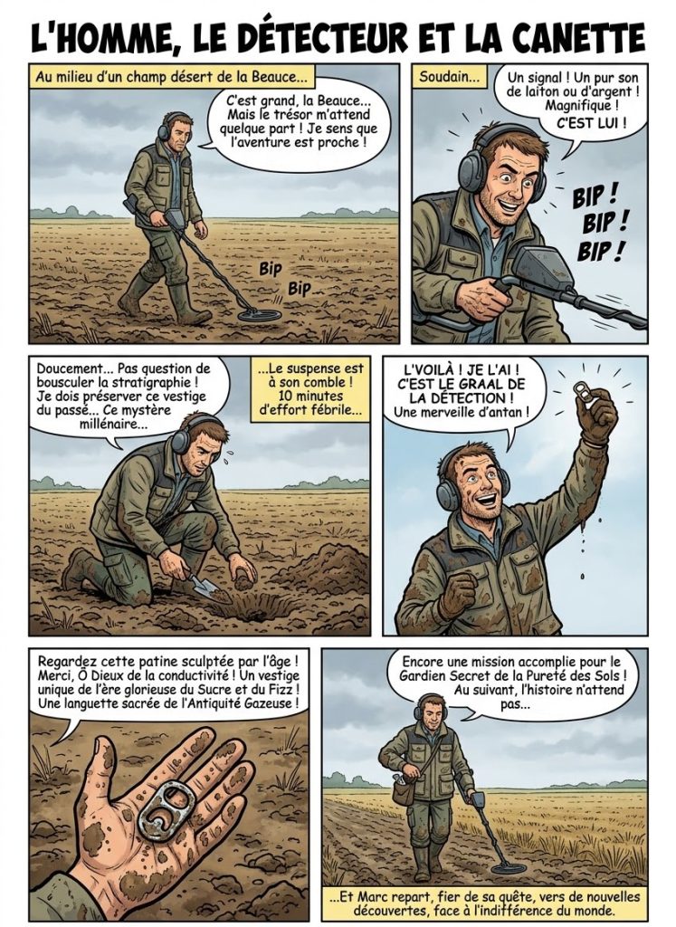 Détection de métaux : le Guide complet pour tout savoir sur ce loisir 9 Planche de BD humoristique "L'Homme, le détecteur et la canette" : Marc, un passionné de détection de métaux dans un champ de la Beauce, extrait avec ferveur une languette de canette de soda comme s'il s'agissait d'un trésor archéologique, illustrant avec dérision la réalité de la dépollution des sols.