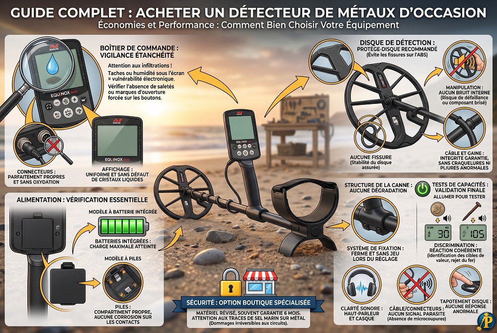 Infographie explicative : points de contrôle pour vérifier l'état d'un détecteur de métaux d'occasion avant achat.