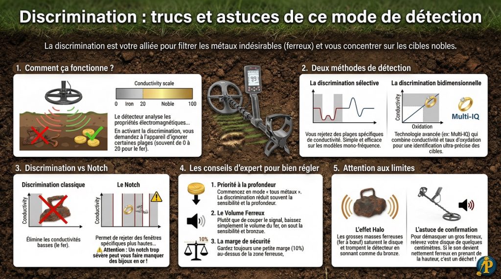 Infographie complète sur la discrimination en détection de métaux : fonctionnement, réglages et astuces pour filtrer les ferreux et optimiser ses trouvailles.