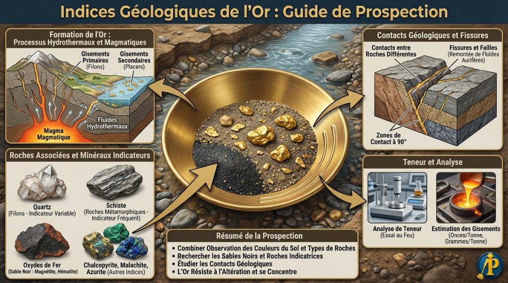 Infographie expliquant les indices géologiques pour localiser l'or : roches comme le quartz, le schiste et présence d'oxydes de fer dans les sols.