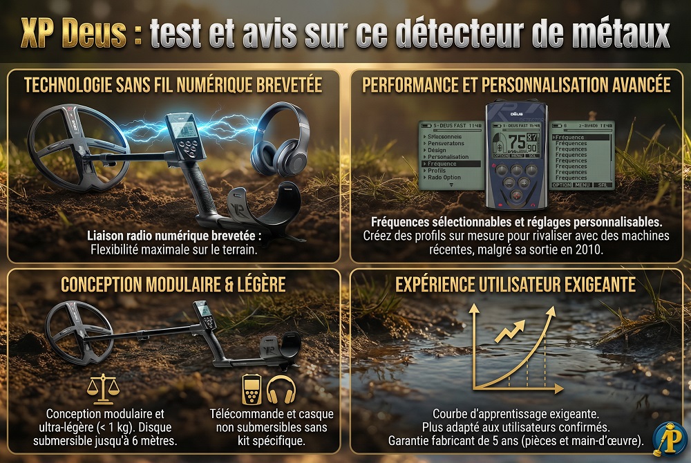 XP Deus : test et avis sur ce détecteur de métaux 4 Infographie récapitulative : points forts et caractéristiques techniques du détecteur de métaux XP Deus (poids, fréquence, liaison sans fil)