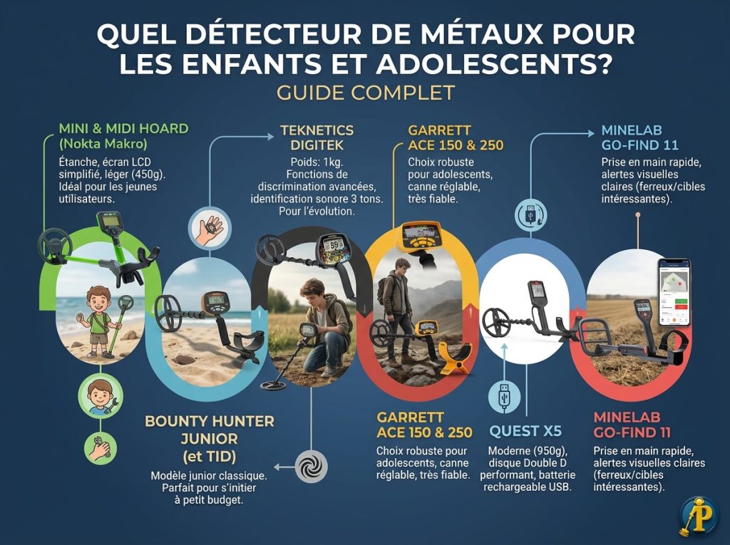 Infographie comparative pour choisir un détecteur de métaux pour enfants et adolescents, présentant différents modèles adaptés.