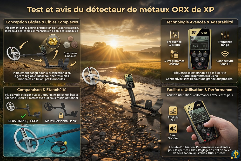 Infographie présentant les caractéristiques techniques, les avantages et le test du détecteur de métaux XP ORX pour la prospection.