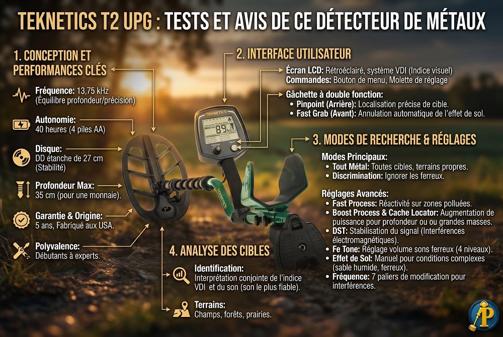 Infographie détaillée présentant les caractéristiques techniques et les fonctions avancées du détecteur de métaux Teknetics T2 UPG