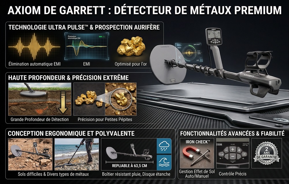 Infographie technique du détecteur de métaux Garrett Axiom présentant la technologie Ultra Pulse, la profondeur de détection pour l'or et ses caractéristiques ergonomiques.