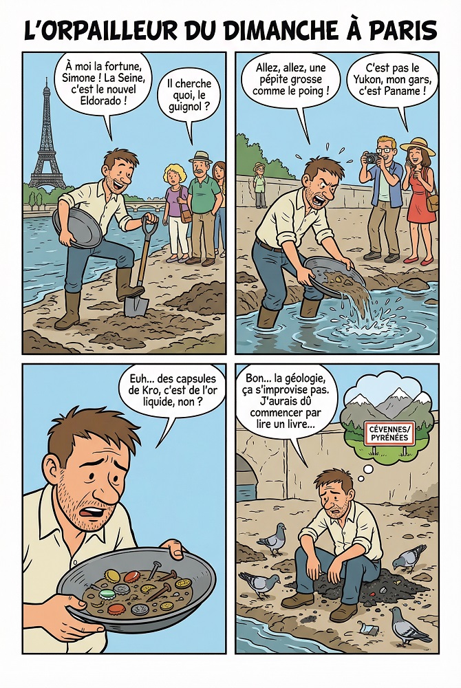 Dans quelles rivières trouver de l'or en France ? 4 Bande dessinée humoristique intitulée L'Orpailleur du dimanche à Paris : un homme cherche de l'or dans la Seine avec une batée, finit par trouver des déchets et regrette de ne pas avoir cherché dans les Cévennes ou les Pyrénées.
