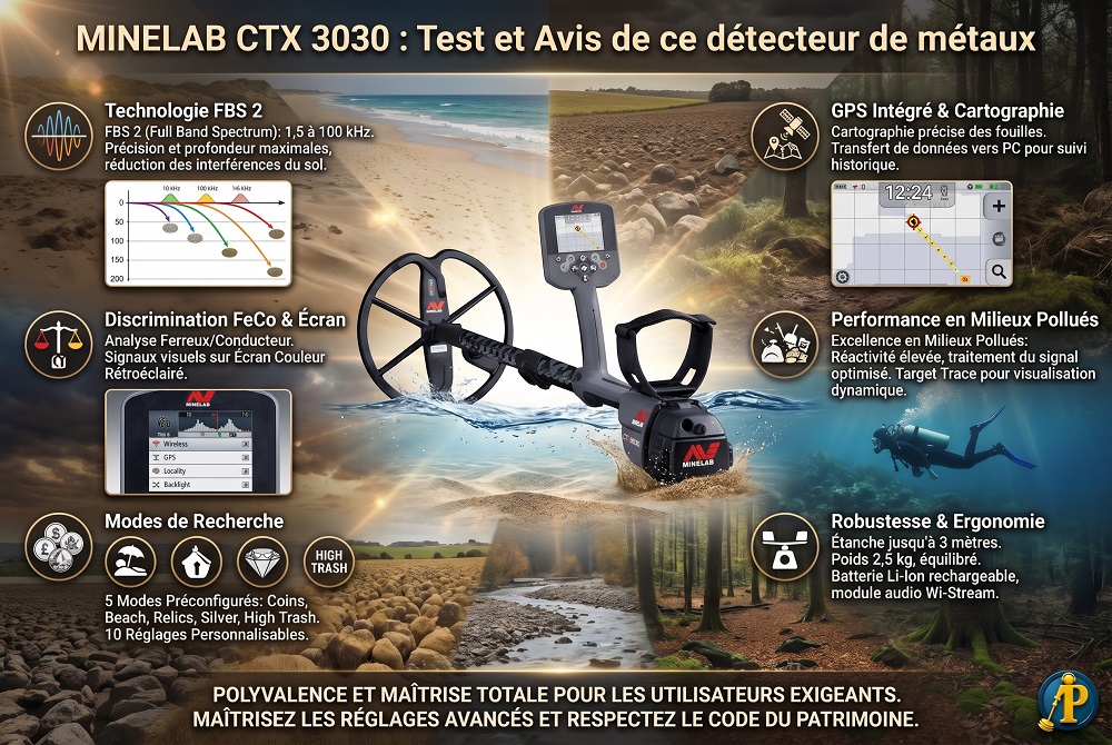 Infographie des caractéristiques techniques et performances du détecteur de métaux Minelab CTX 3030