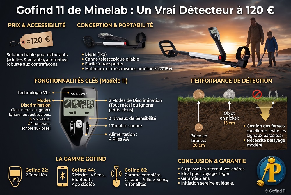 Gofind 11 de minelab : un vrai détecteur à 120 € 4 Infographie étecteur de métaux Minelab Gofind 11 déplié et replié : présentation de la canne télescopique légère et compacte