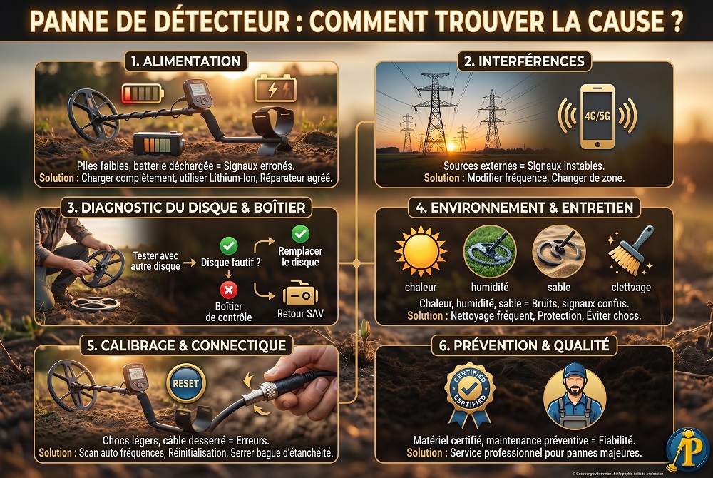 Panne de détecteur : comment trouver la cause ? 4 Infographie explicative pour identifier et réparer les pannes courantes d'un détecteur de métaux