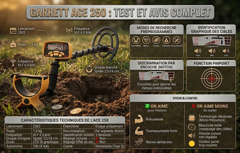 Infographie complète sur le détecteur de métaux Garrett ACE 250 : caractéristiques techniques, points forts, points faibles et modes de recherche.