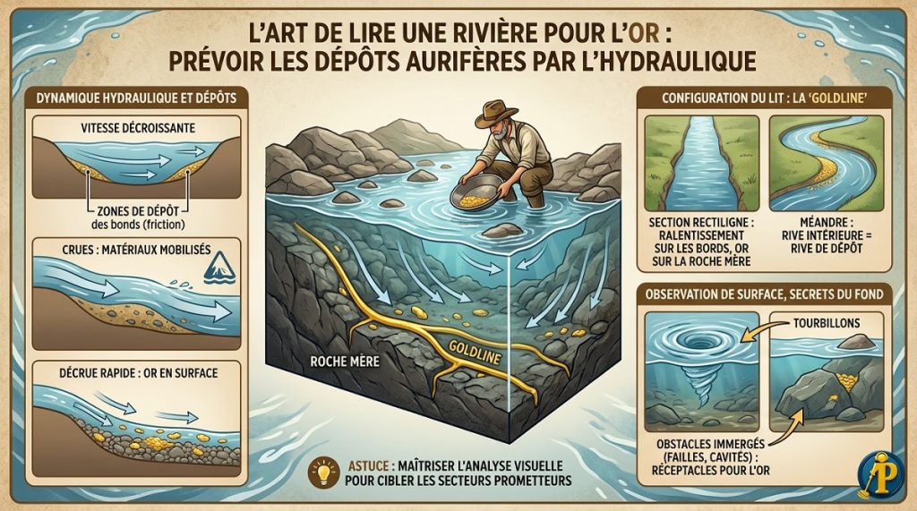 Apprendre à lire une rivière : l'art de comprendre comment fonctionne un cours d'eau pour prévoir où se déposera l'or 4 Infographie illustrant le fonctionnement des courants d'une rivière pour identifier les dépôts d'or et les zones de placers aurifères.
