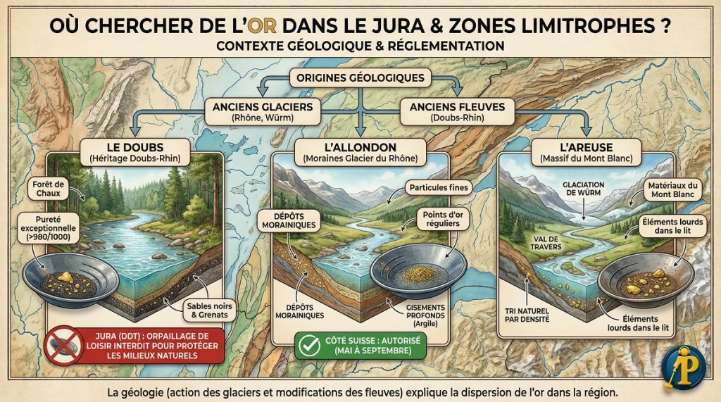 Carte des zones d'orpaillage et des rivières aurifères du Jura présentant le Doubs, l'Allondon et l'Areuse.