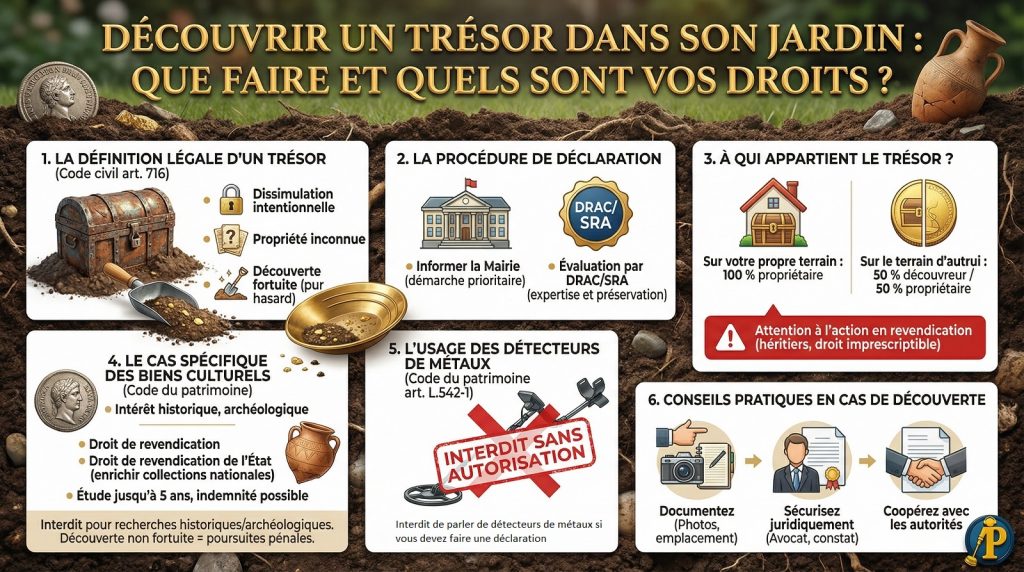 Découvrir un trésor dans son jardin : Que faire et quels sont vos droits ? 1 Infographie sur les droits et démarches après la découverte d'un trésor dans son jardin : loi, déclaration et propriété.