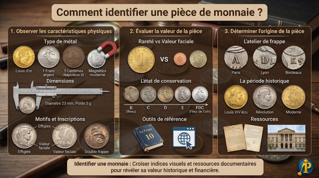 Infographie récapitulative pour identifier une pièce de monnaie ancienne : métal, état de conservation FDC et marques d'atelier