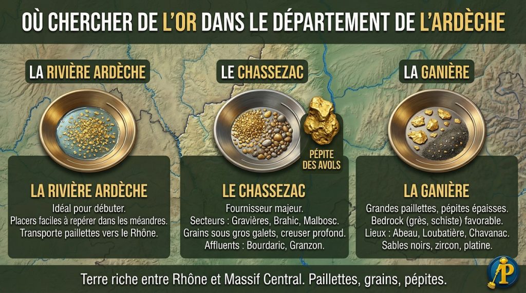 récapitulatif des zones d'orpaillage en Ardèche indiquant les rivières aurifères du Chassezac et de la Ganière pour trouver des paillettes et des grains d'or.