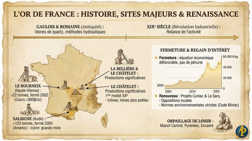 Les principales mines d'or françaises 4 Infographie présentant la localisation et la production des principales mines d’or en France comme Salsigne, Le Bourneix, La Bellière et Le Châtelet.