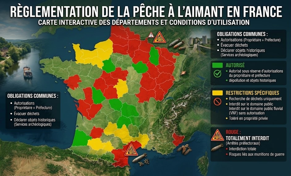 Pêche à l'aimant : Les départements autorisés et interdits 4 Carte de France de la réglementation de la pêche à l’aimant listant les départements autorisés, restreints à la dépollution ou interdits par arrêté préfectoral.