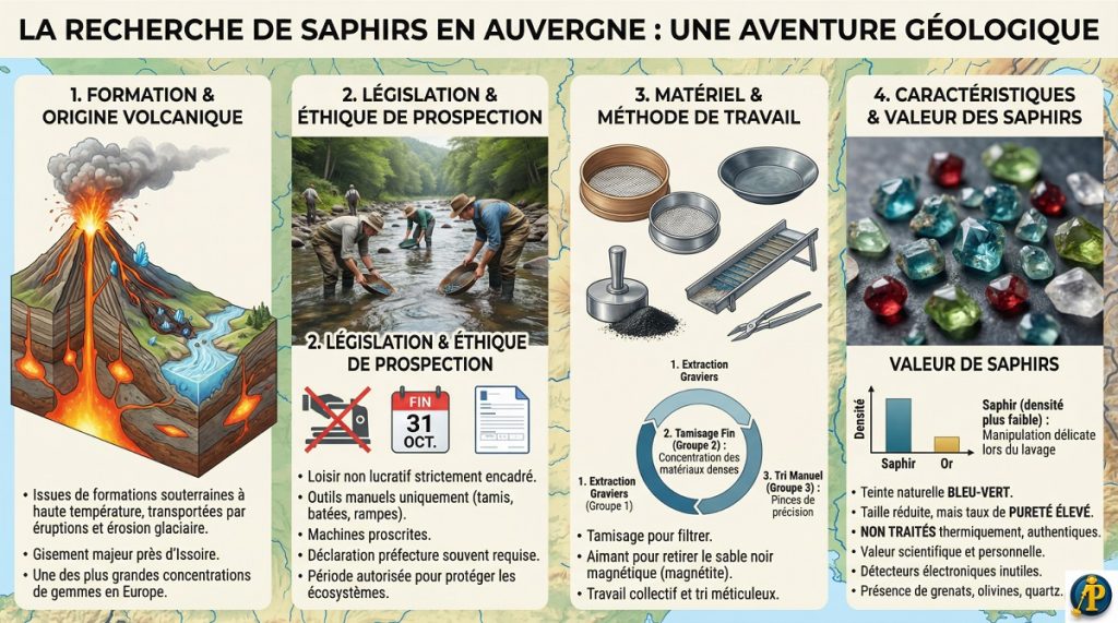 Infographie sur la prospection de saphirs naturels en Auvergne expliquant les techniques de tamisage en rivière et le matériel de lavage utilisé.