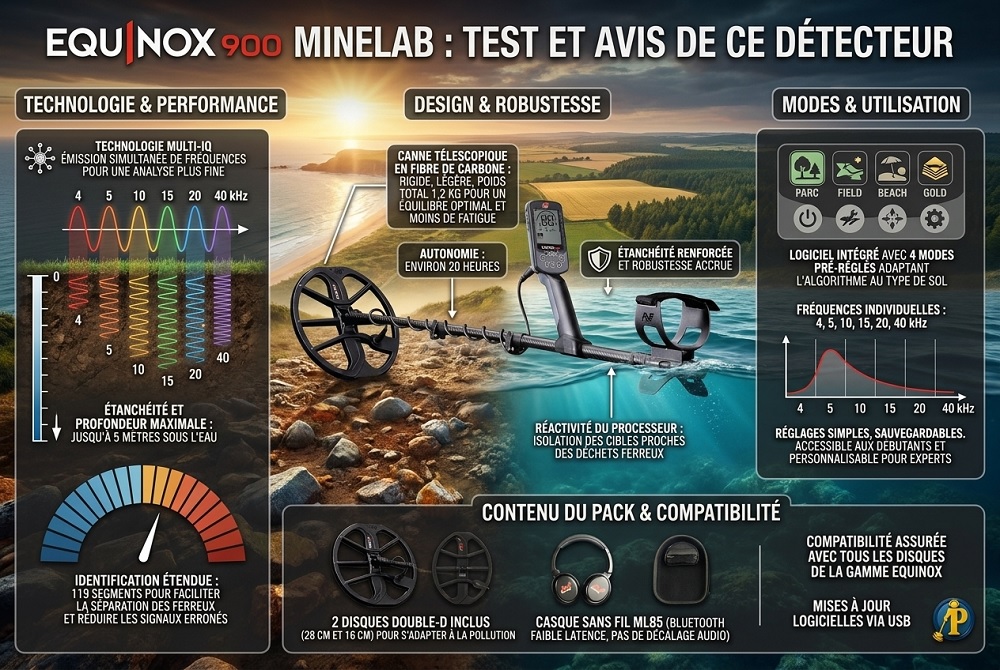 Infographie détaillée des caractéristiques techniques et performances du détecteur de métaux Minelab Equinox 900