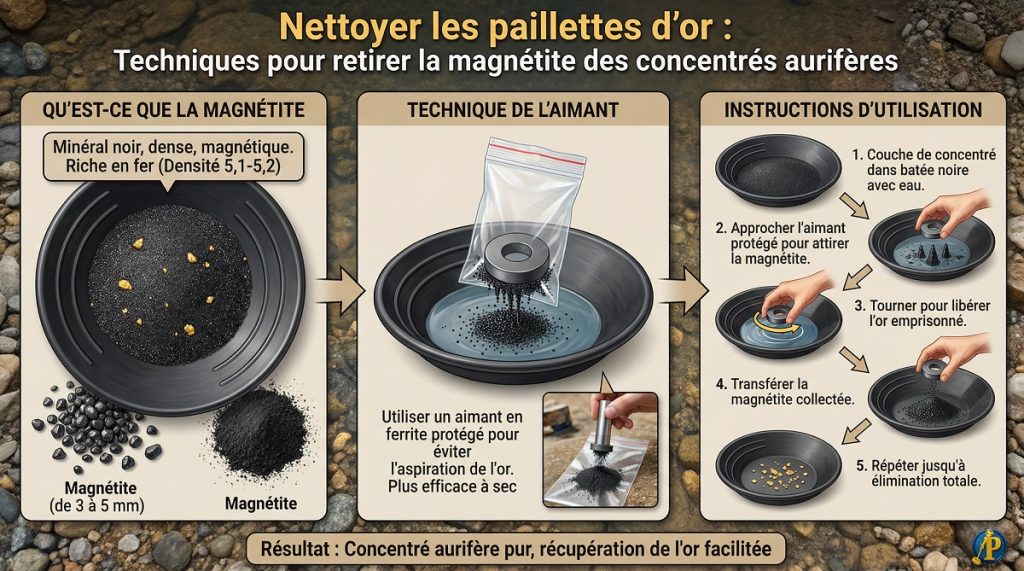 Infographie montrant les étapes pour retirer la magnétite des concentrés aurifères et nettoyer les paillettes d'or avec un aimant.
