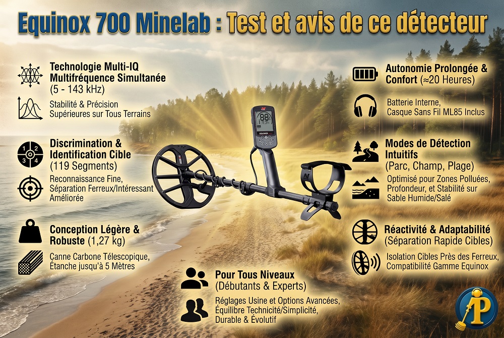 Equinox 700 Minelab : Test et avis de ce détecteur 1 Infographie récapitulative des caractéristiques techniques et performances du détecteur de métaux Minelab Equinox 700
