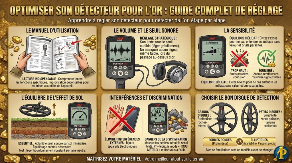 Infographie des étapes clés pour régler un détecteur de métaux pour la recherche d'or : sensibilité, effet de sol et volume.