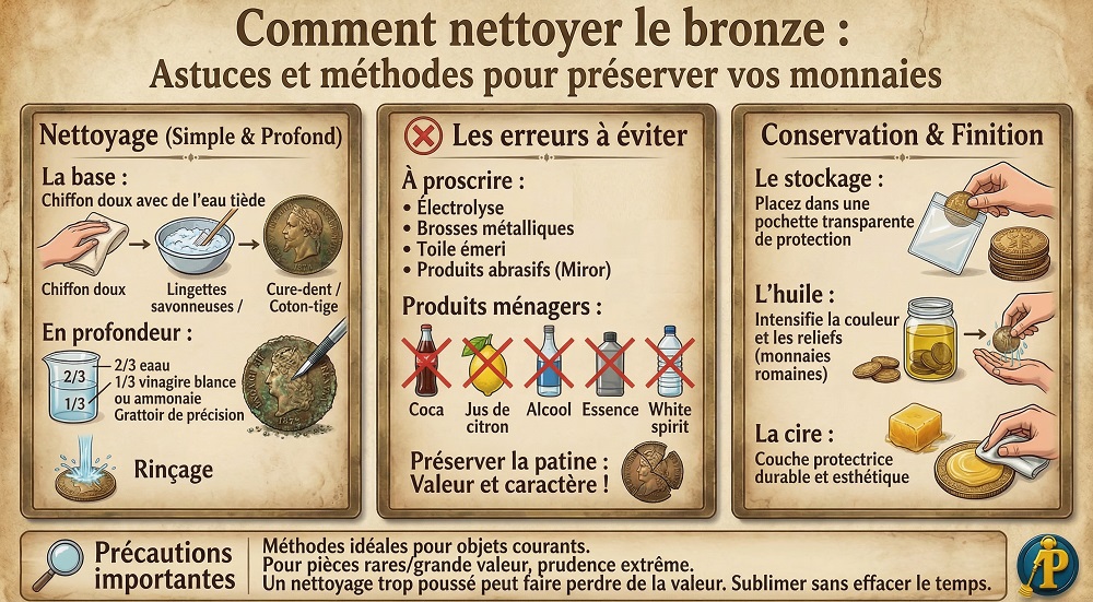 Comment nettoyer le bronze : Astuces et méthodes pour préserver vos monnaies 4 Infographie : Guide complet pour nettoyer le bronze et préserver la patine des monnaies anciennes en détection