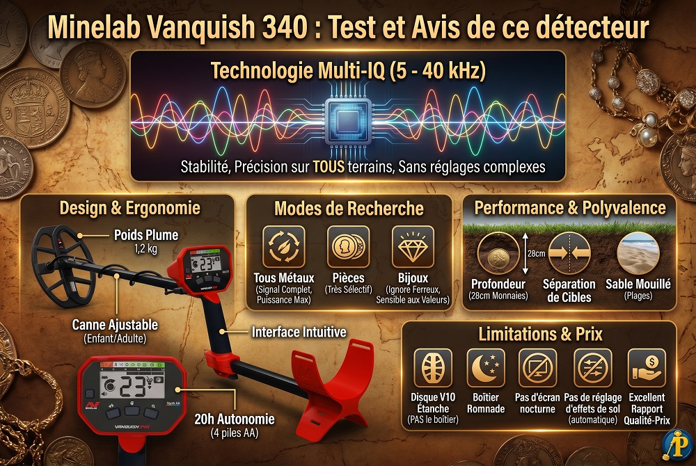 Vanquish 340 Minelab : Test et avis de ce détecteur 4 Infographie présentant les caractéristiques techniques, les modes de recherche et les performances du détecteur Minelab Vanquish 340.