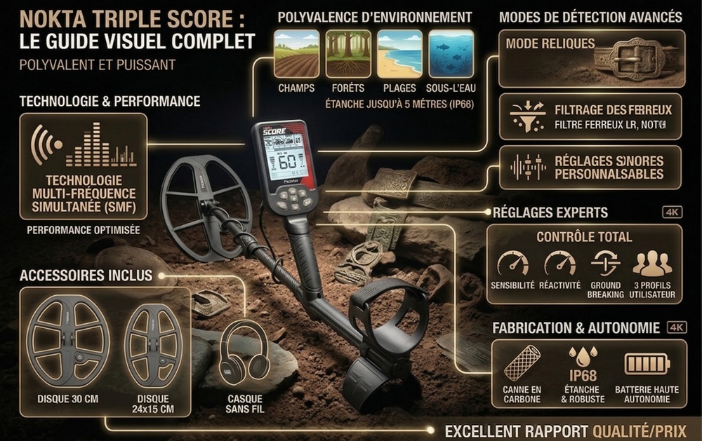 Infographie explicative des caractéristiques du détecteur de métaux Nokta Triple Score : technologie SMF, modes avancés, étanchéité à 5 mètres et accessoires inclus.