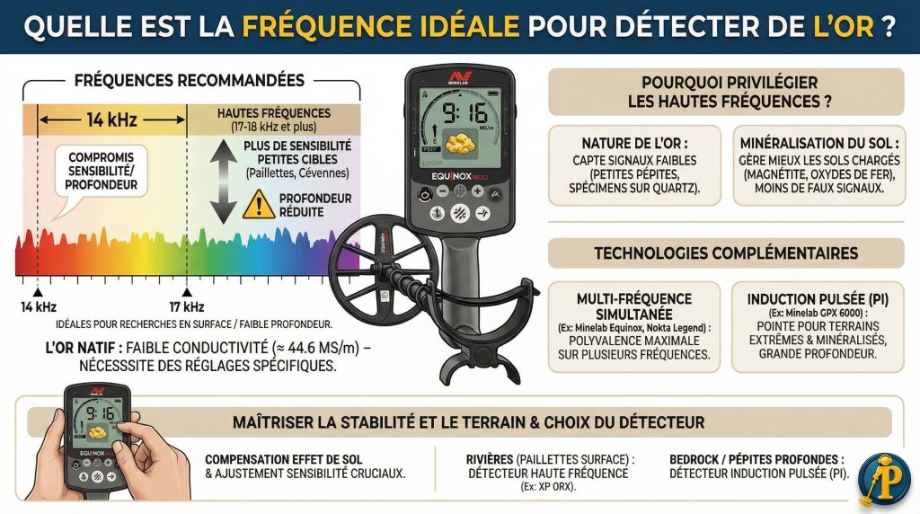 Infographie expliquant la fréquence idéale pour la détection d'or natif et le choix du détecteur selon le terrain