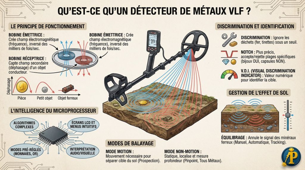 Infographie explicative du fonctionnement d'un détecteur de métaux VLF : principe des bobines émettrice et réceptrice, discrimination des métaux et équilibrage de l'effet de sol.