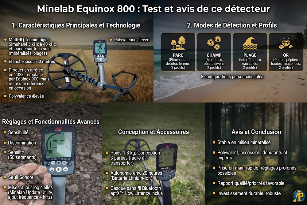 Infographie présentant le résumé des performances et caractéristiques techniques du détecteur de métaux Minelab Equinox 800