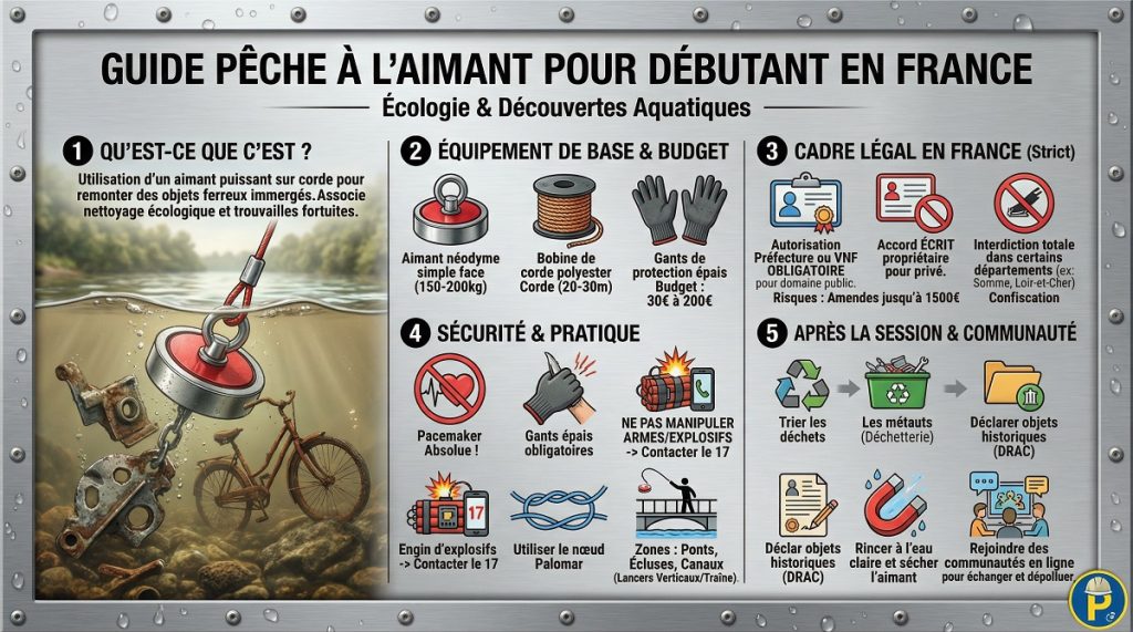 Infographie du guide de la pêche à l'aimant pour débutant en France : matériel, réglementation et sécurité