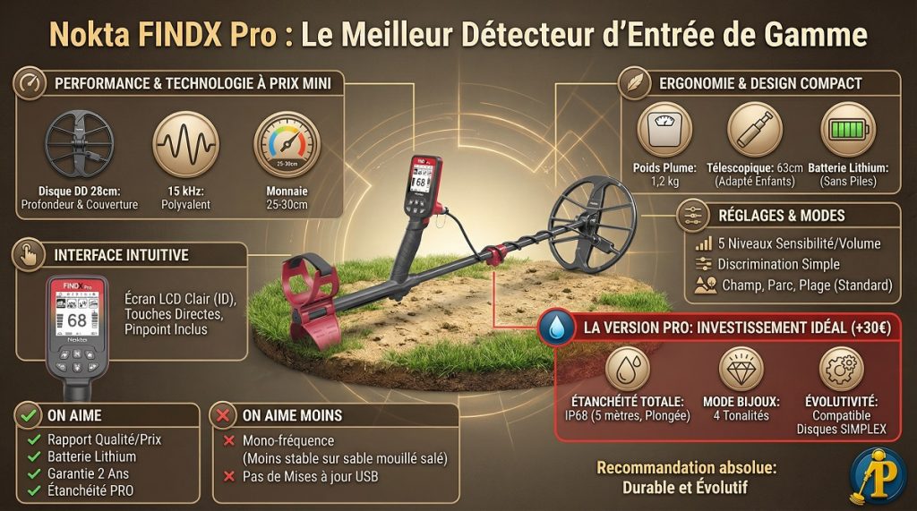 Infographie comparative des détecteurs de métaux Nokta FINDX et FINDX PRO : caractéristiques, prix et différences clés pour débutants