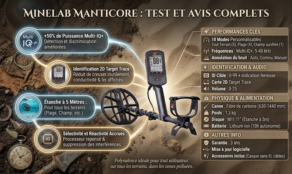 Infographie complète Minelab Manticore : caractéristiques techniques, technologie Multi-IQ plus, identification 2D Target Trace et avis détecteur de métaux étanche.